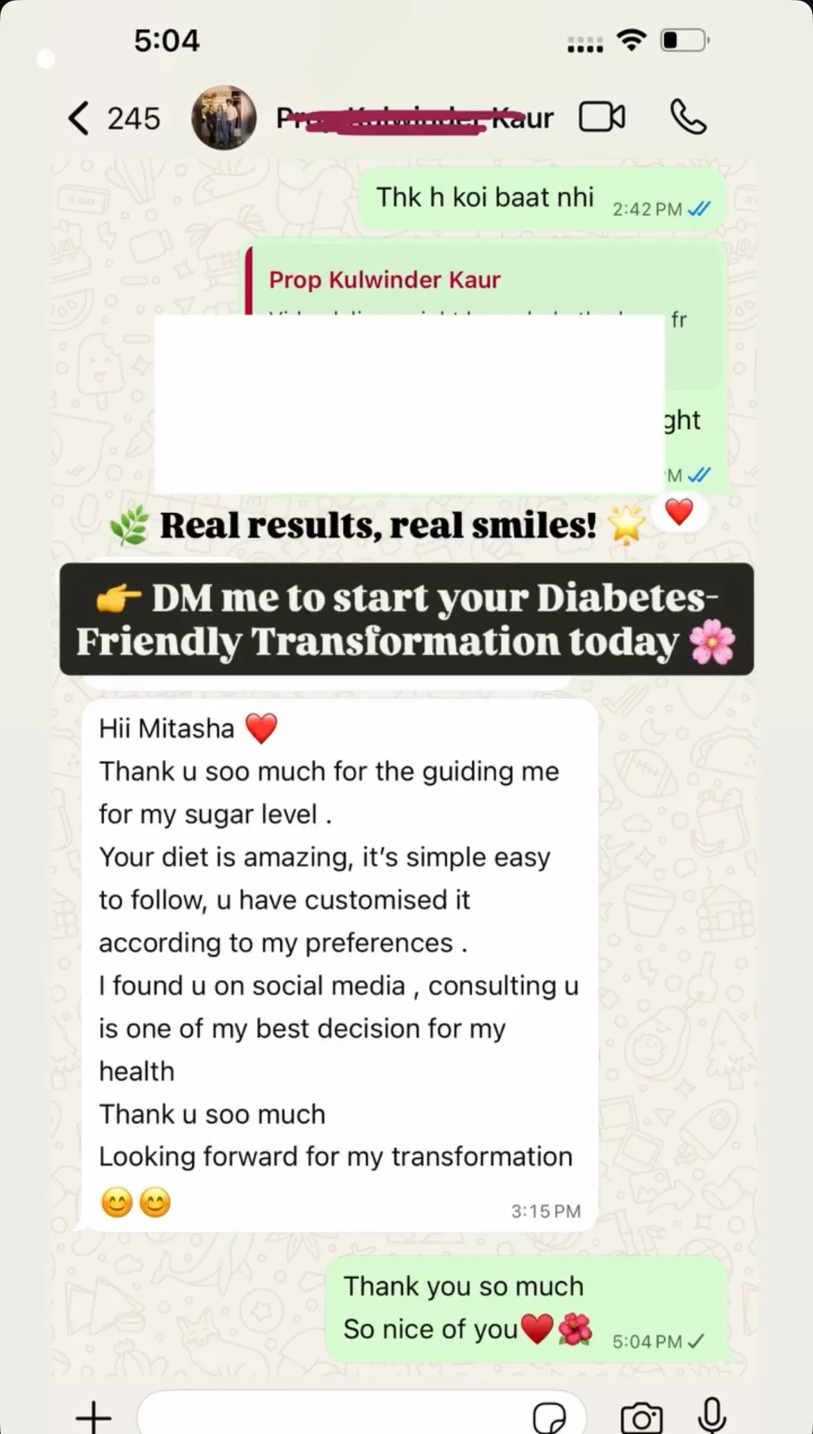Client thank-you message about sugar-level guidance