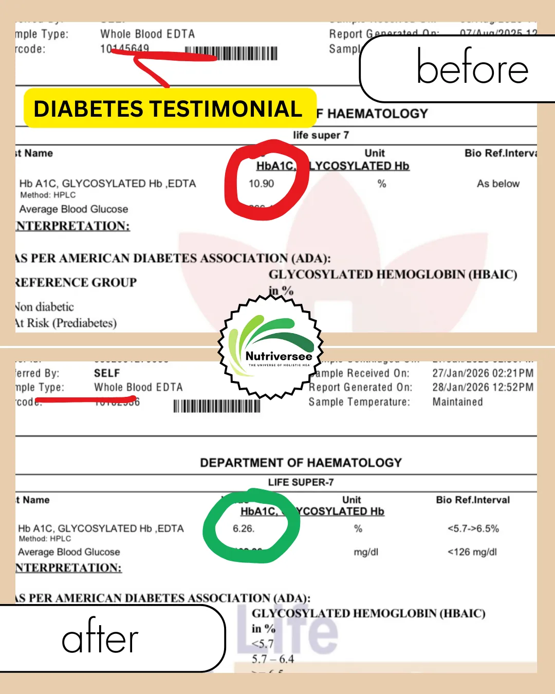 Client HbA1c report: 10.9 down to 6.26