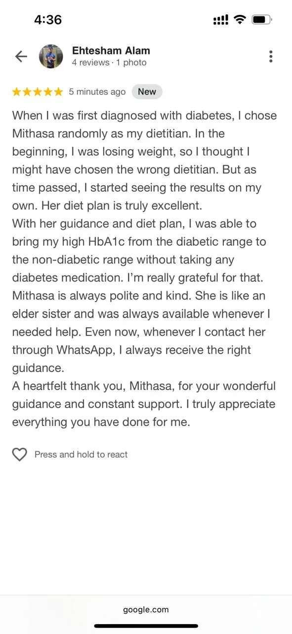 Google 5-star review — brought HbA1c to non-diabetic range without medicine
