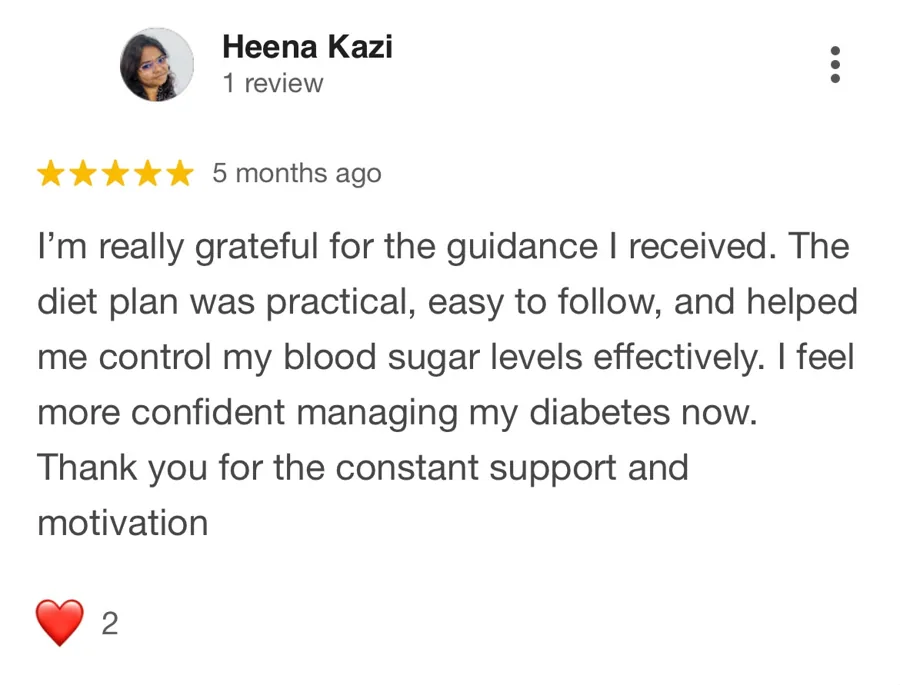 Google 5-star review — practical diet plan, better blood sugar control